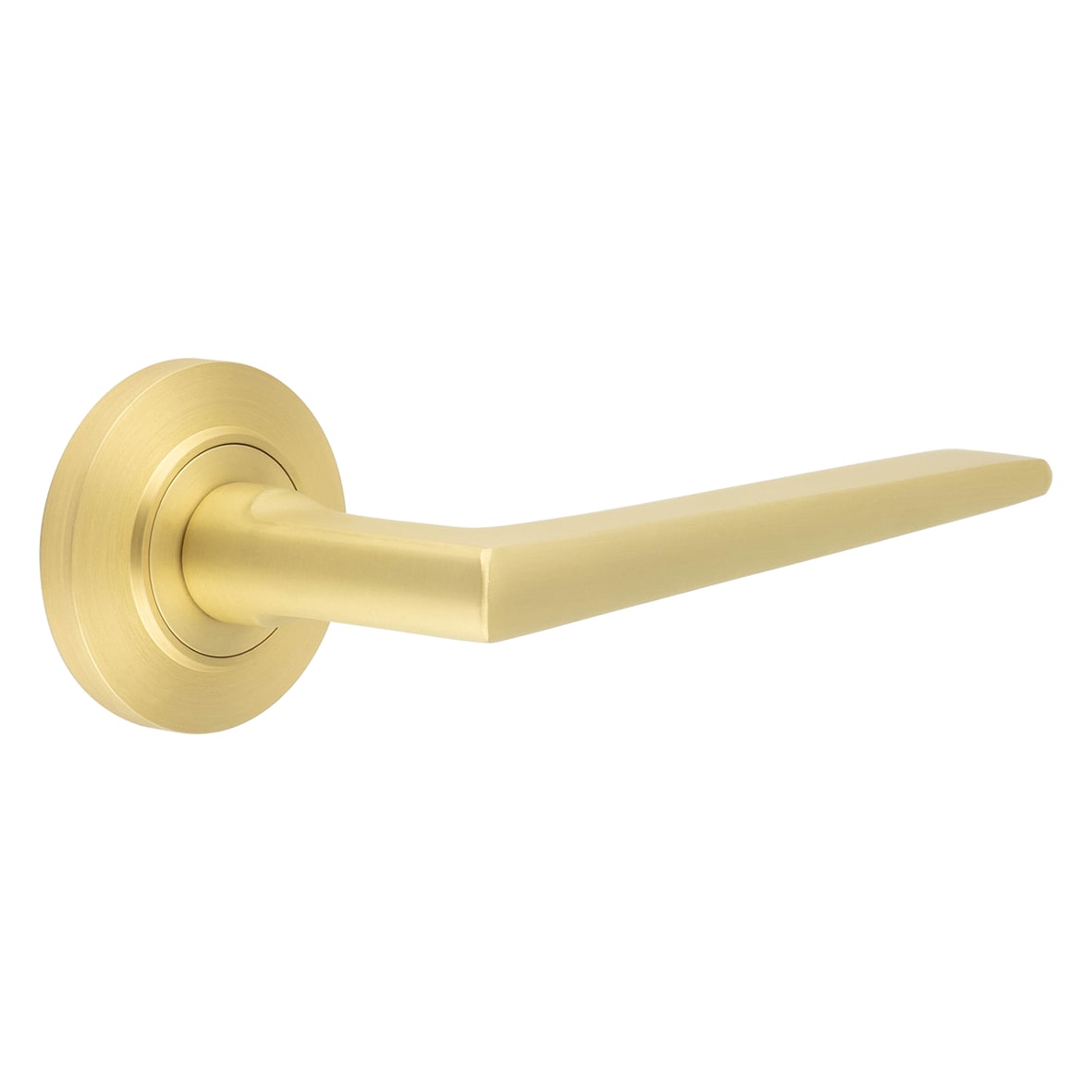 Satin Brass Fire Rated Door Handles on Round Chamfered Rose - Mayfair Range
