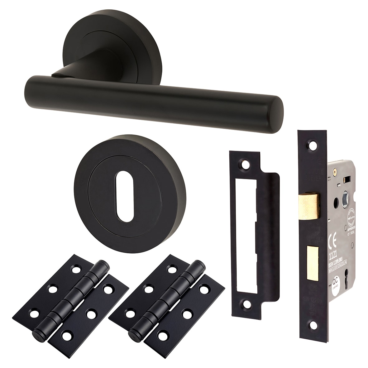 Matt Black 3 Lever Sashlock Door Handles on Rose Pack - Ella Range