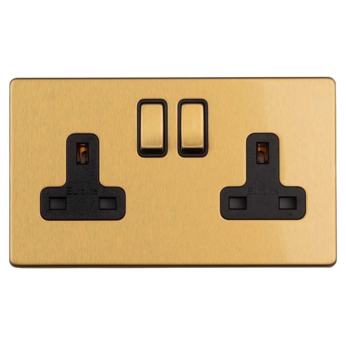 Concealed 13A 2 Gang Screwless Flat Plate DP Switched Socket - Satin Brass/Black