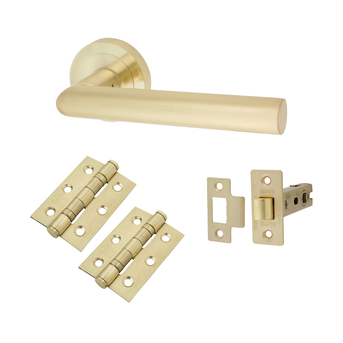 Satin Brass Latch Door Handles on Rose Pack - Emily Range