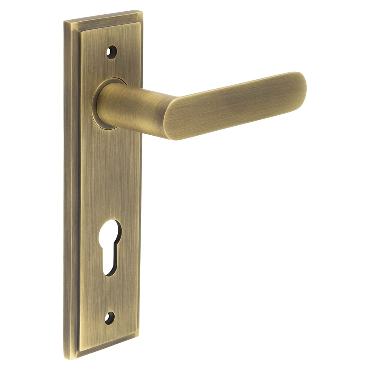Antique Brass Fire Rated DIN Euro Lock Door Handles - Kensington - 200 x 55mm