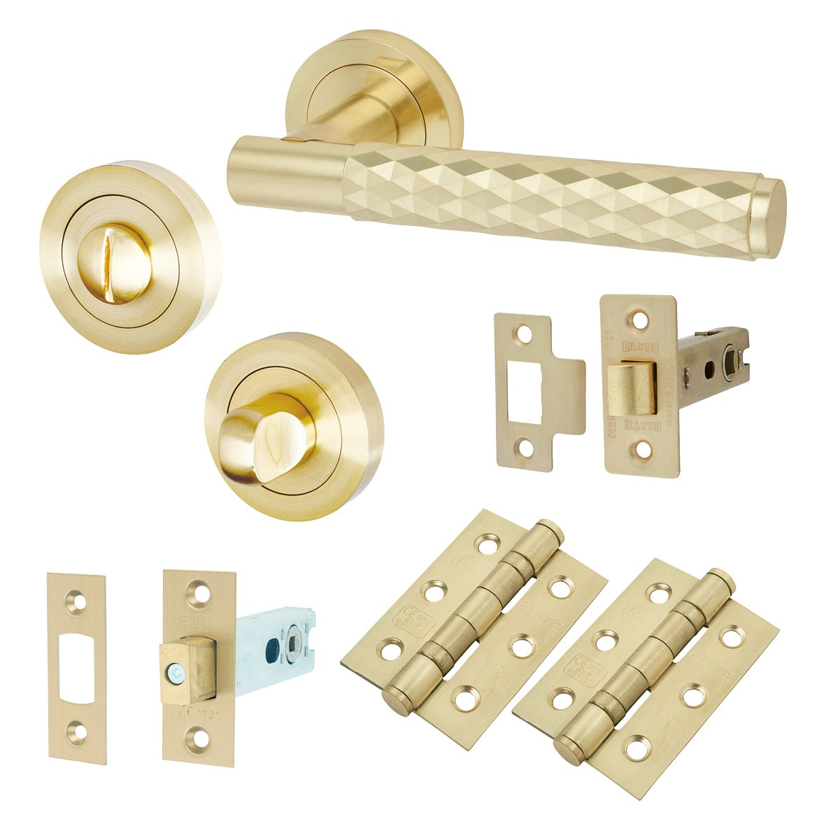 Satin Brass Diamond Bathroom Deadbolt Lock Door Handles on Rose Pack - Luna Range