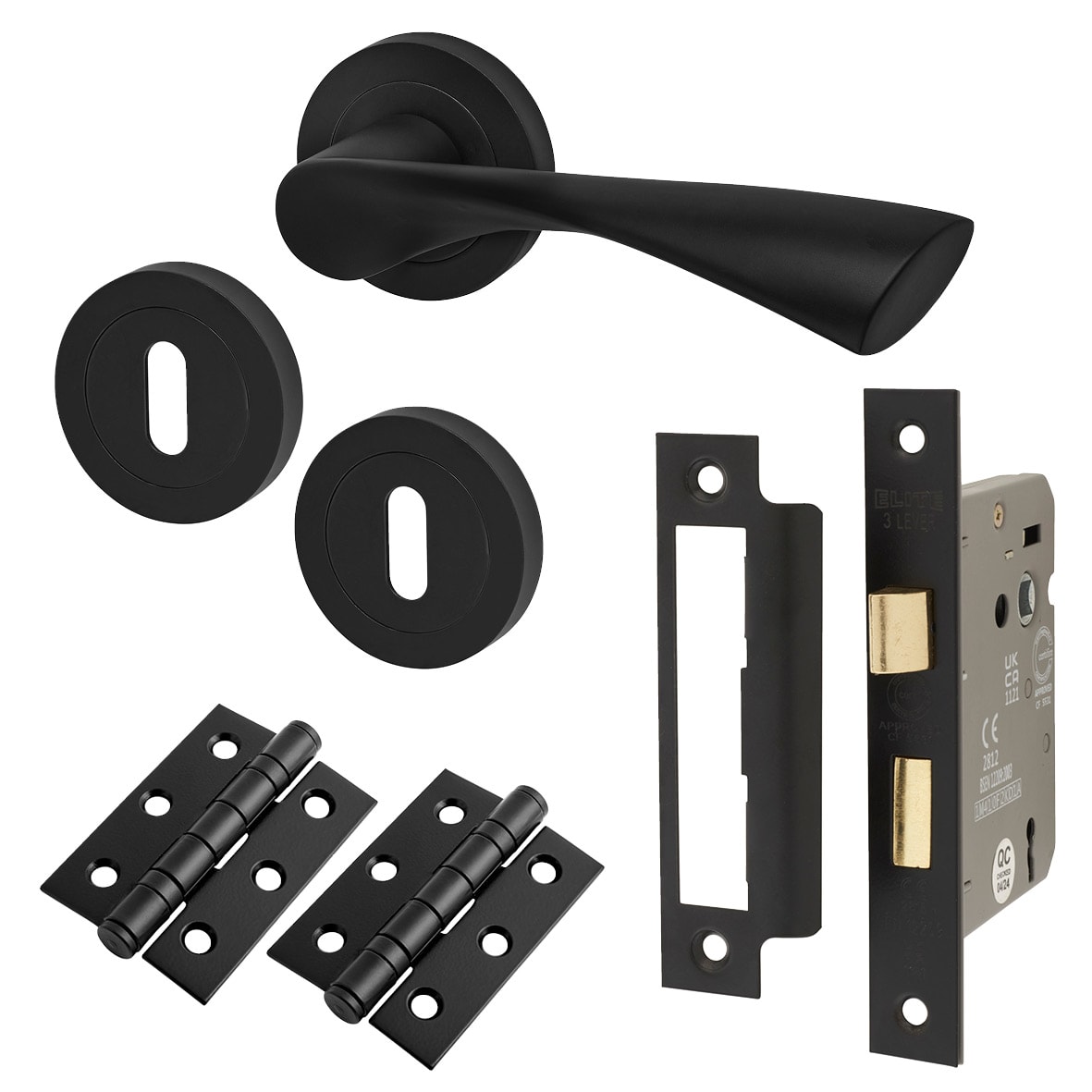 Matt Black 3 Lever Sashlock Door Handles on Rose Pack - Knightsbridge Range