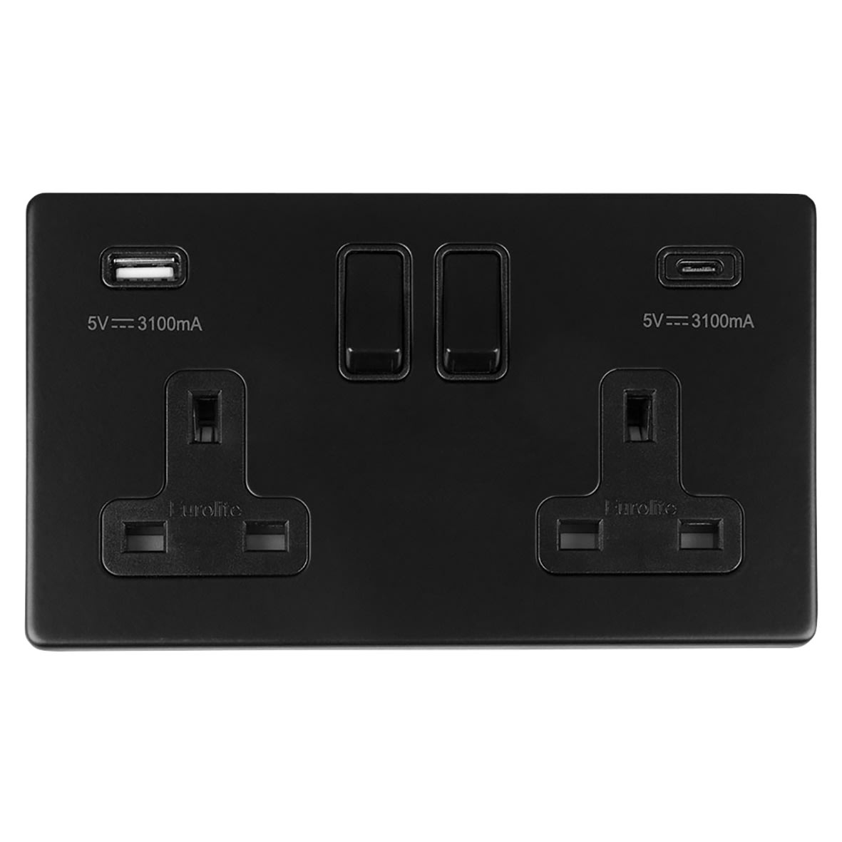 Concealed 13A 2 Gang Screwless Type A/C USB Socket with 2 x USB - 3.1A - Matt Black/Black