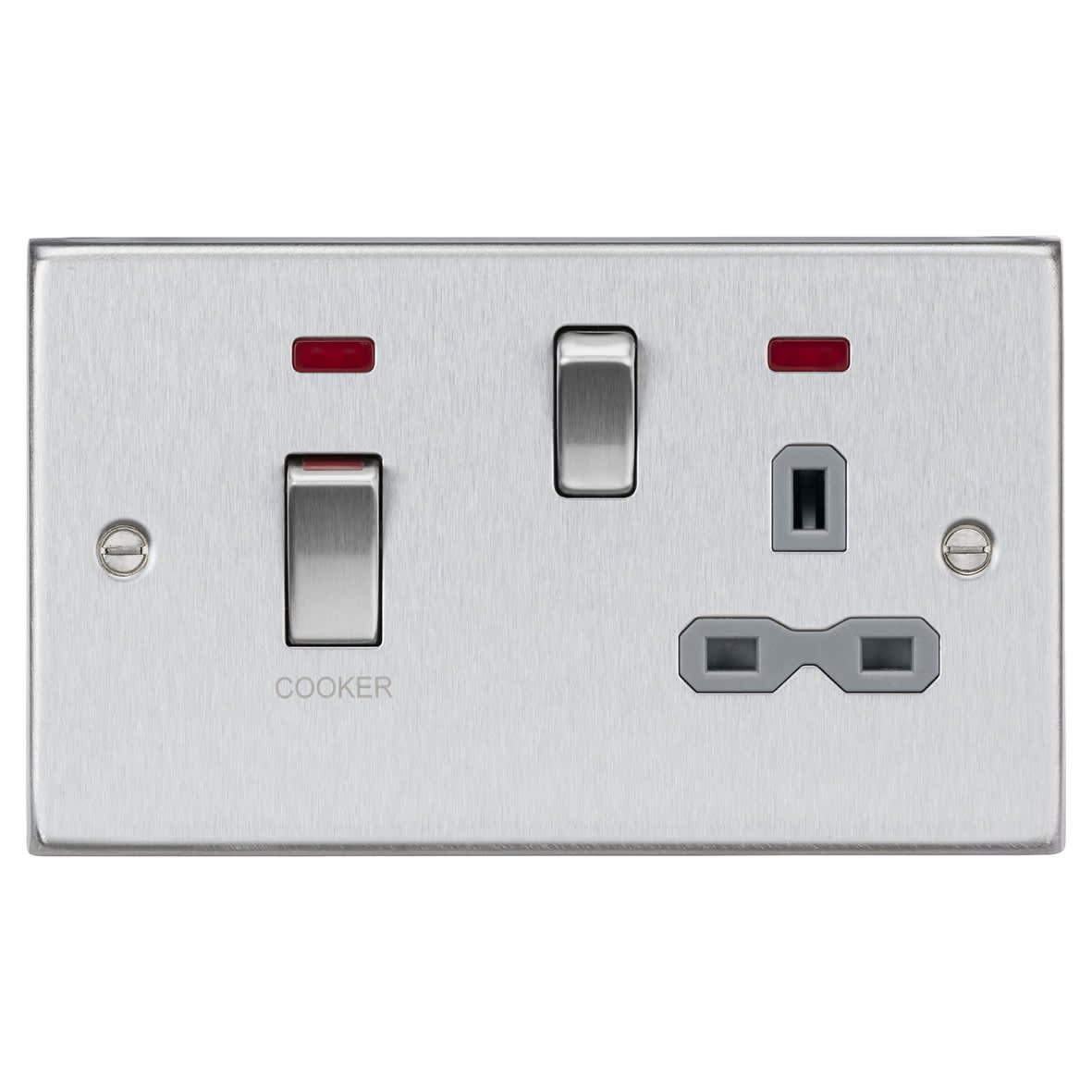 45A Square Edge DP Cooker Switch & 13A Socket & Neons - Brushed Chrome & Grey Insert