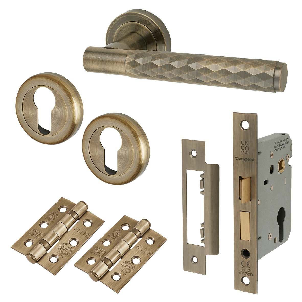 Antique Brass Diamond Euro Lock Door Handles on Rose Pack - Luna Range