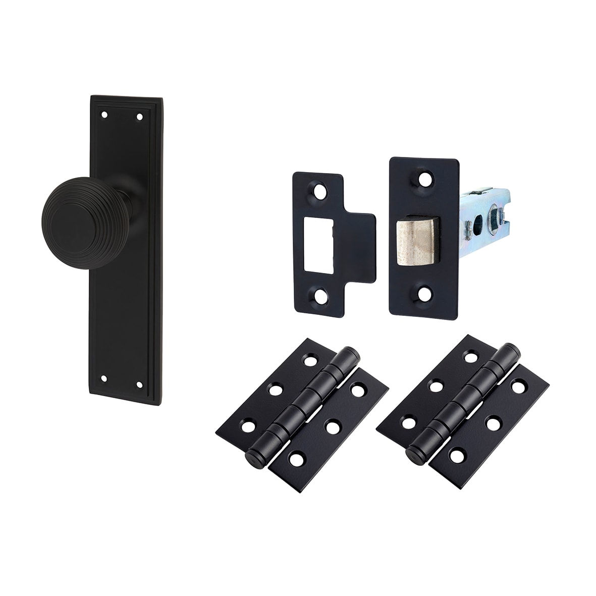 Matt Black Reeded Mortice Door Knobs on Backplate Pack - Miller Range - 205 x 52mm