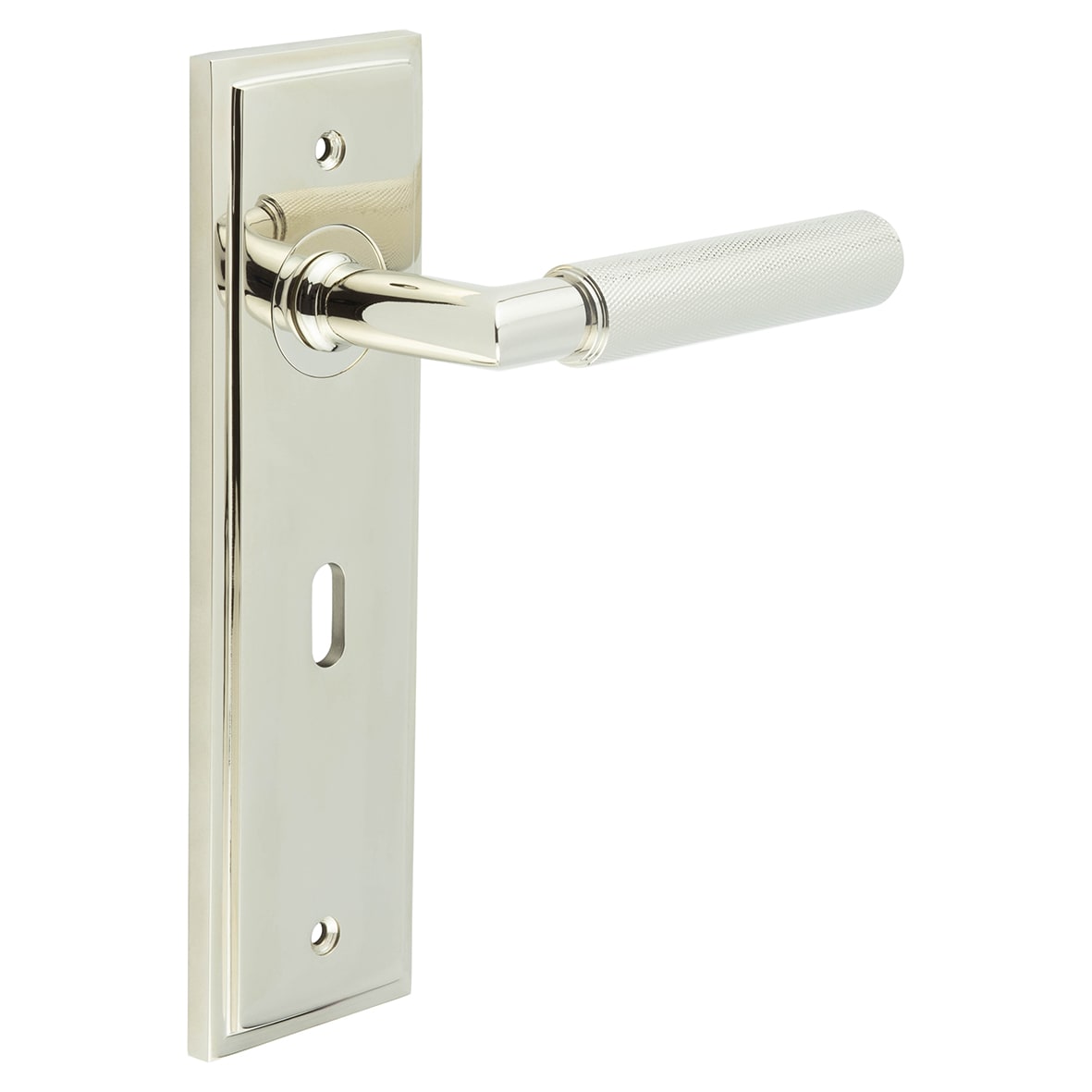 Polished Nickel Fire Rated Keyhole Lock Door Handles - Piccadilly - 200 x 55mm