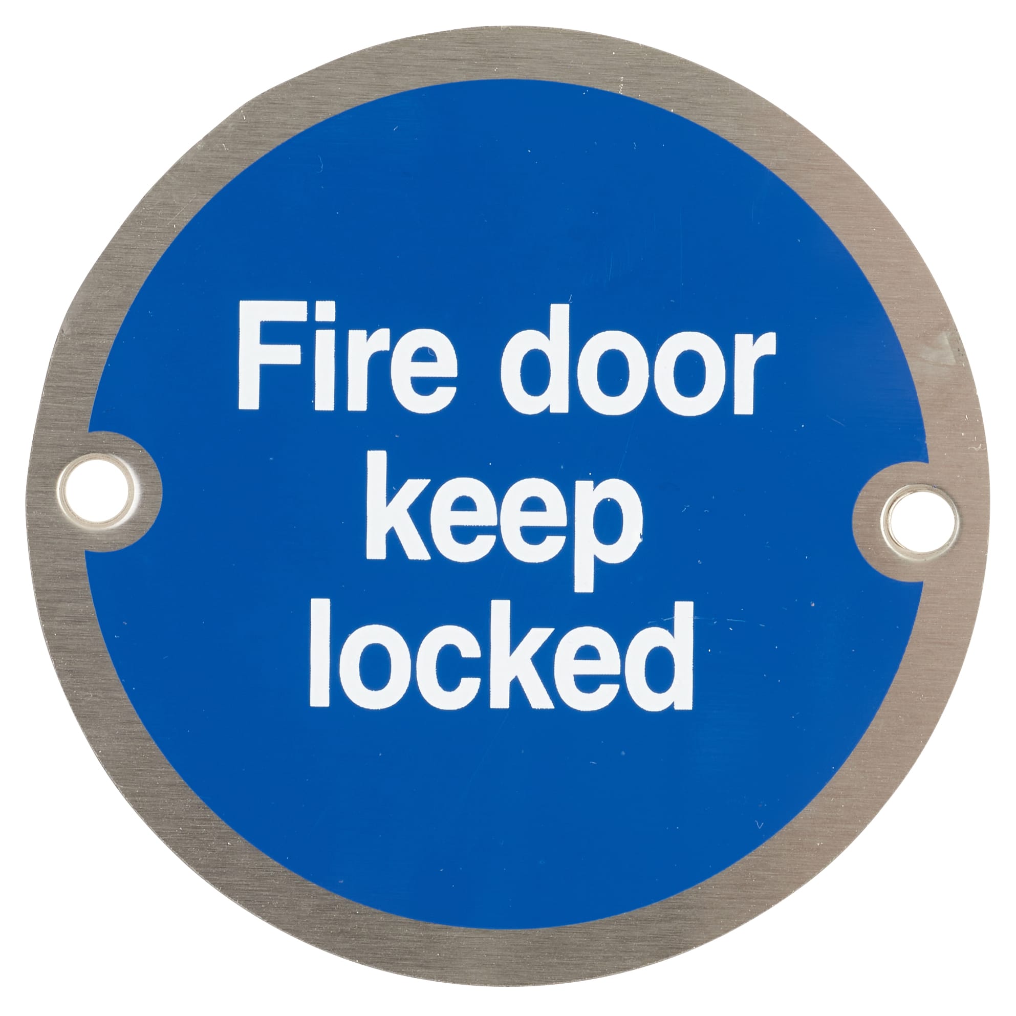 Fire Door Keep Locked Door Sign - 75mm Diameter - Satin Stainless Steel