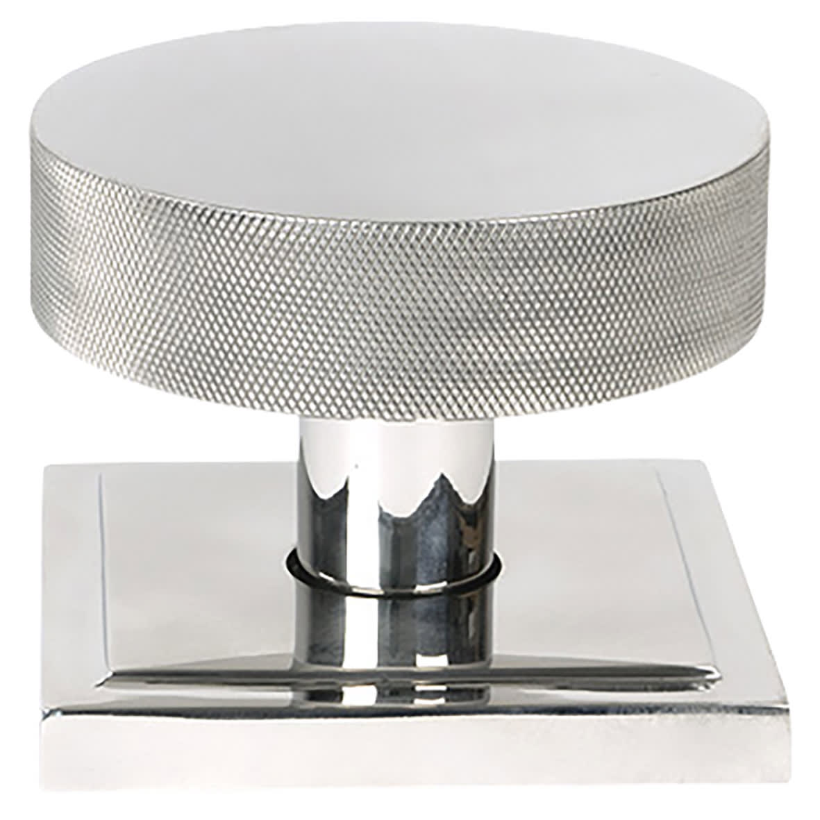 Brompton Polished Stainless Round Knurled Centre Door Knob on Square Rose - 90 x 90mm Rose