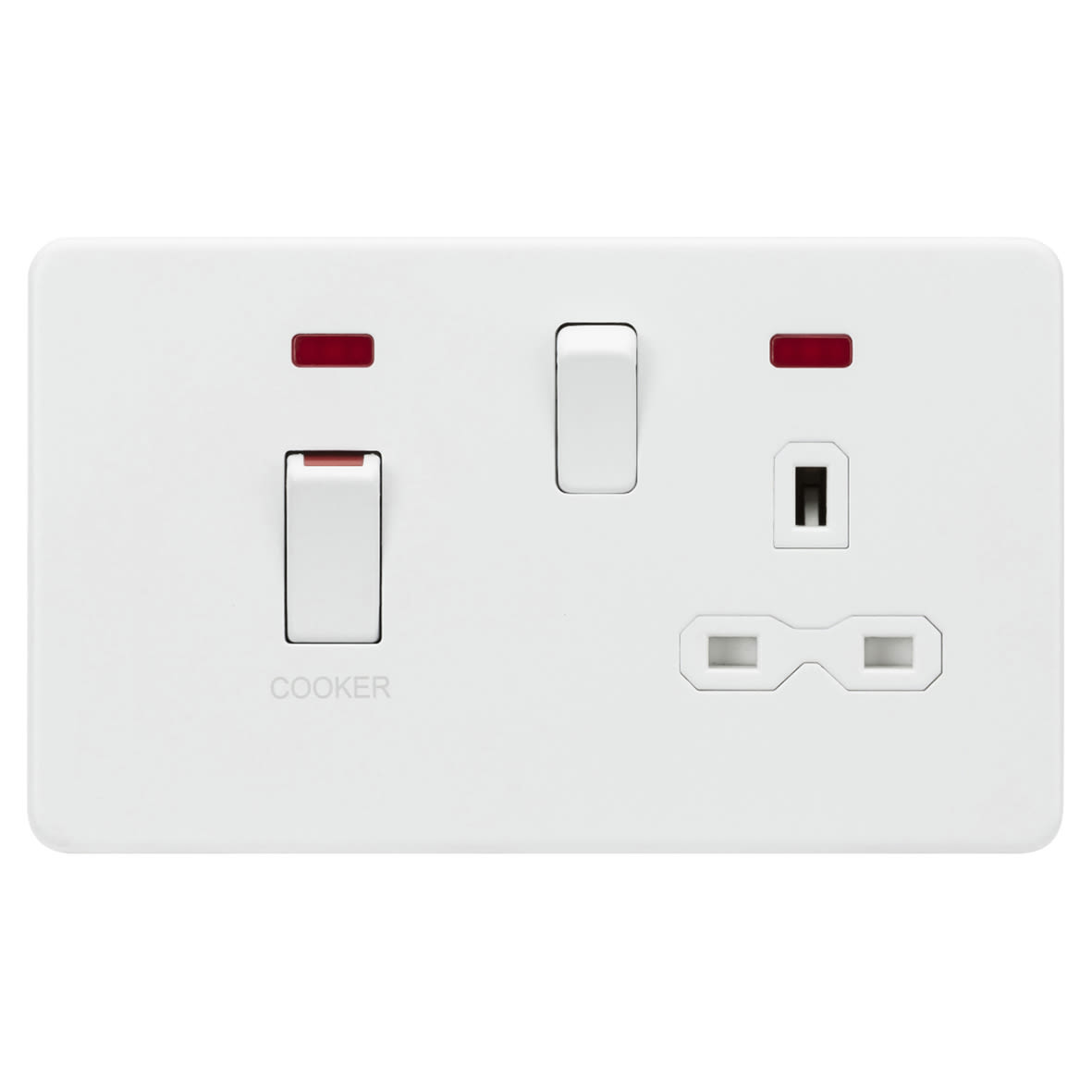 45A 2 Gang DP Cooker Switch & 13A Switched Socket with Neon - Matt White/ White Insert
