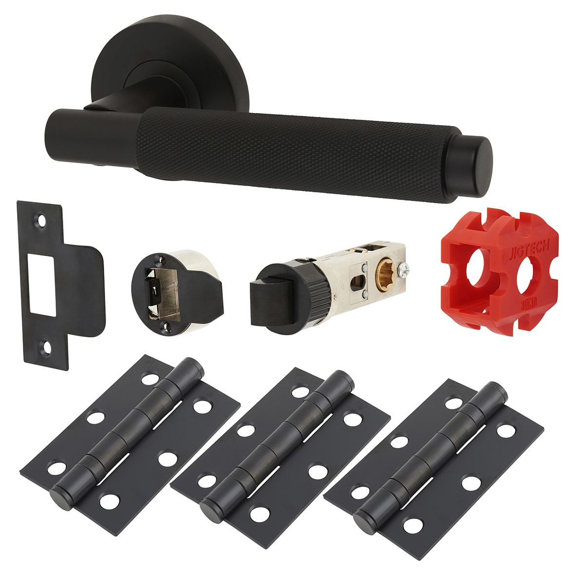 Matt Black Knurled Latch Door Handles on Rose Pack - Passage - Textura Range