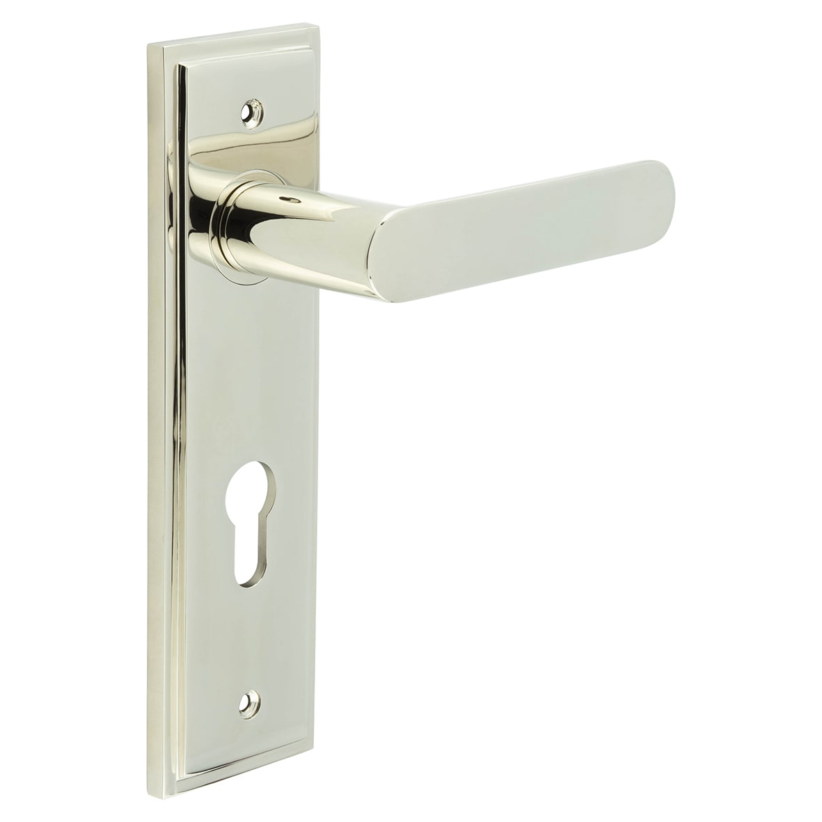 Polished Nickel Fire Rated DIN Euro Lock Door Handles - Kensington - 200 x 55mm
