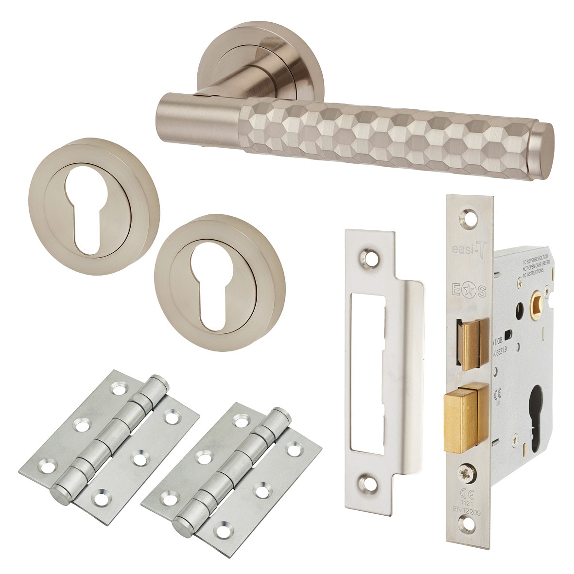 Satin Nickel Honeycomb Euro Lock Door Handles on Rose Pack - Cara Range