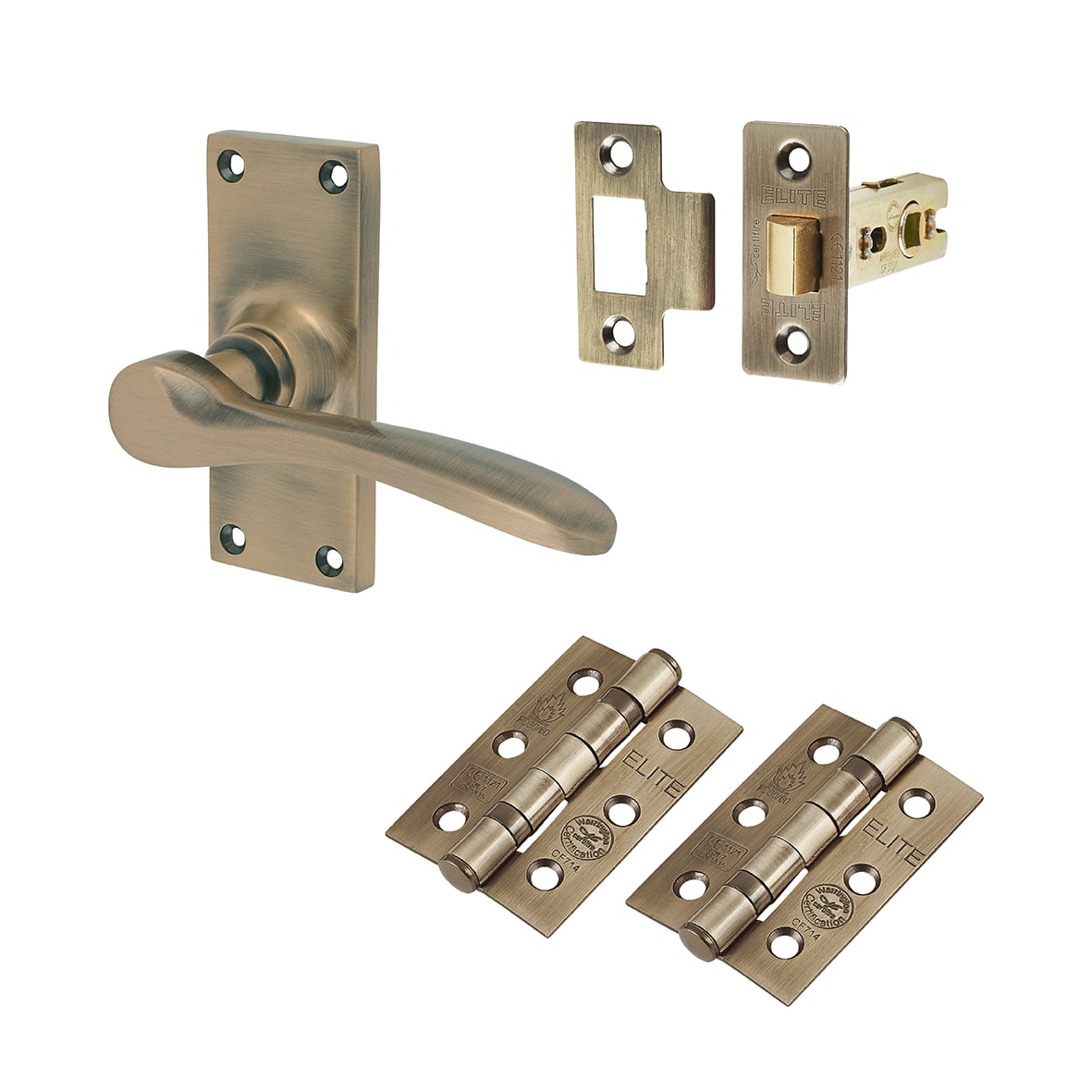 Antique Brass Latch Door Handles Pack - Short Plate - Buckingham Range