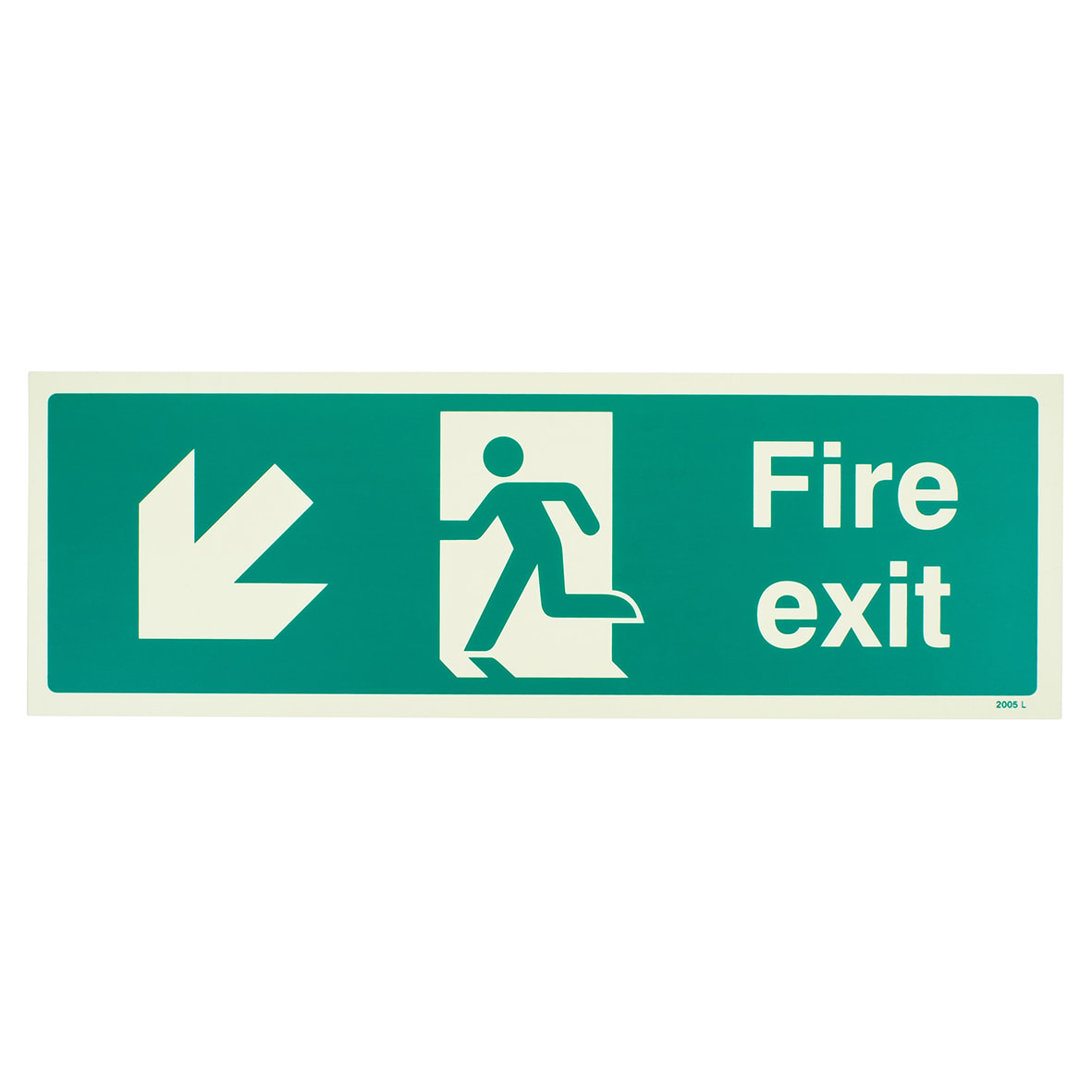 Photoluminescent Fire Exit Running Man Arrow Down Left Sign - 450 x 150mm - Rigid Plastic