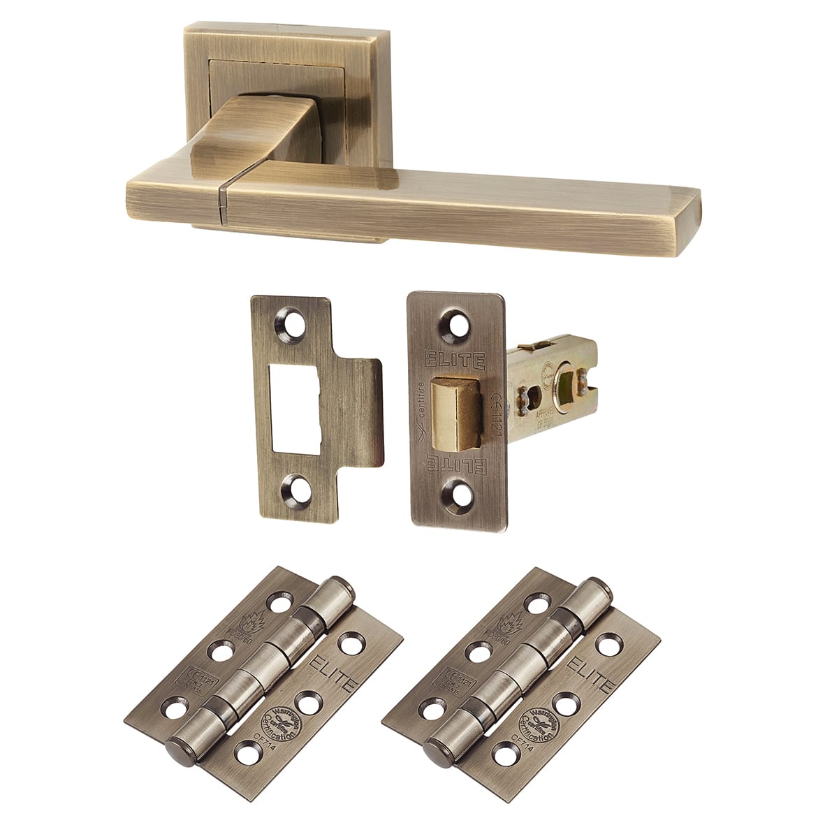 Antique Brass Latch Door Handles on Square Rose Pack - Dita Range