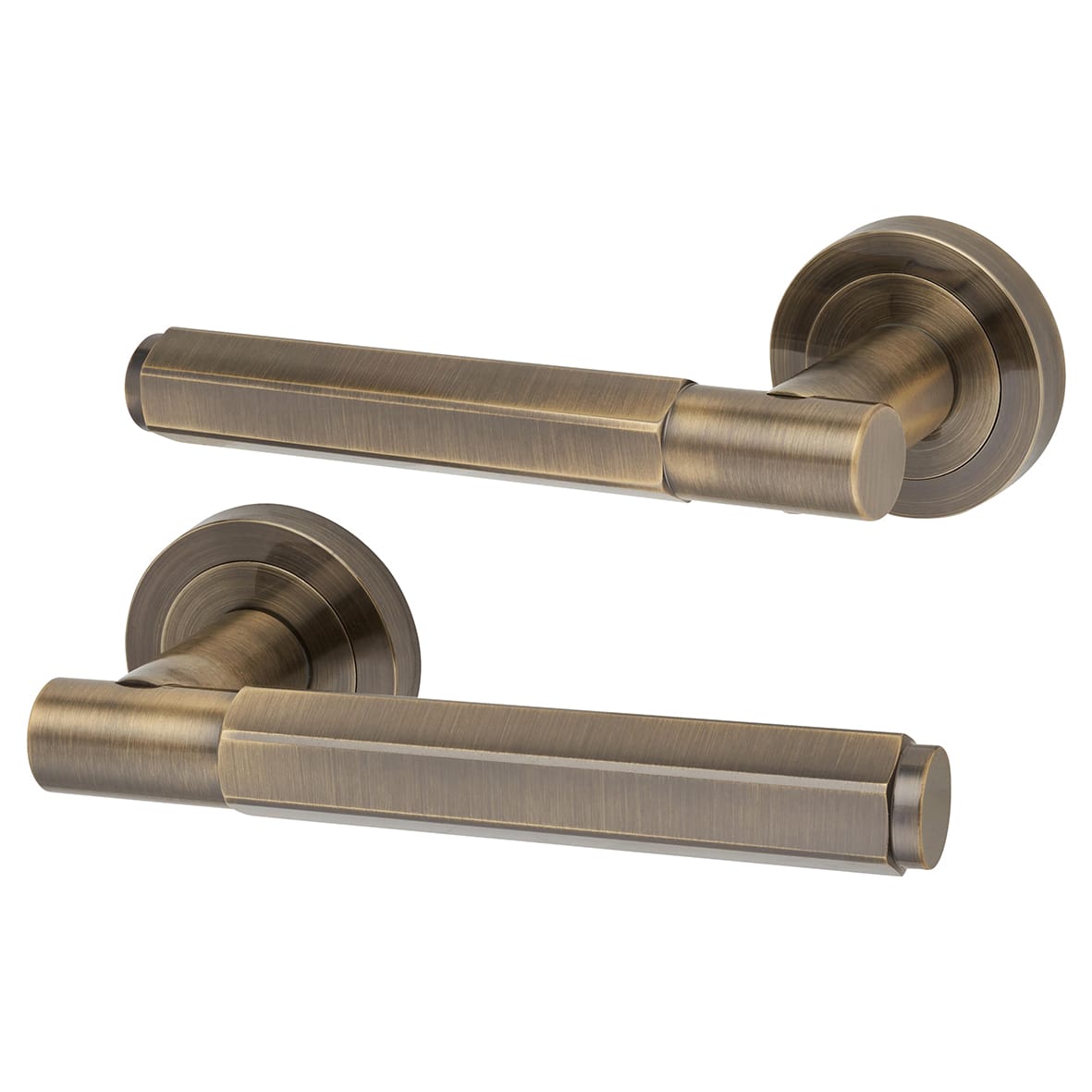 Antique Brass Hexagonal Door Handles on Round Rose - Juno Range
