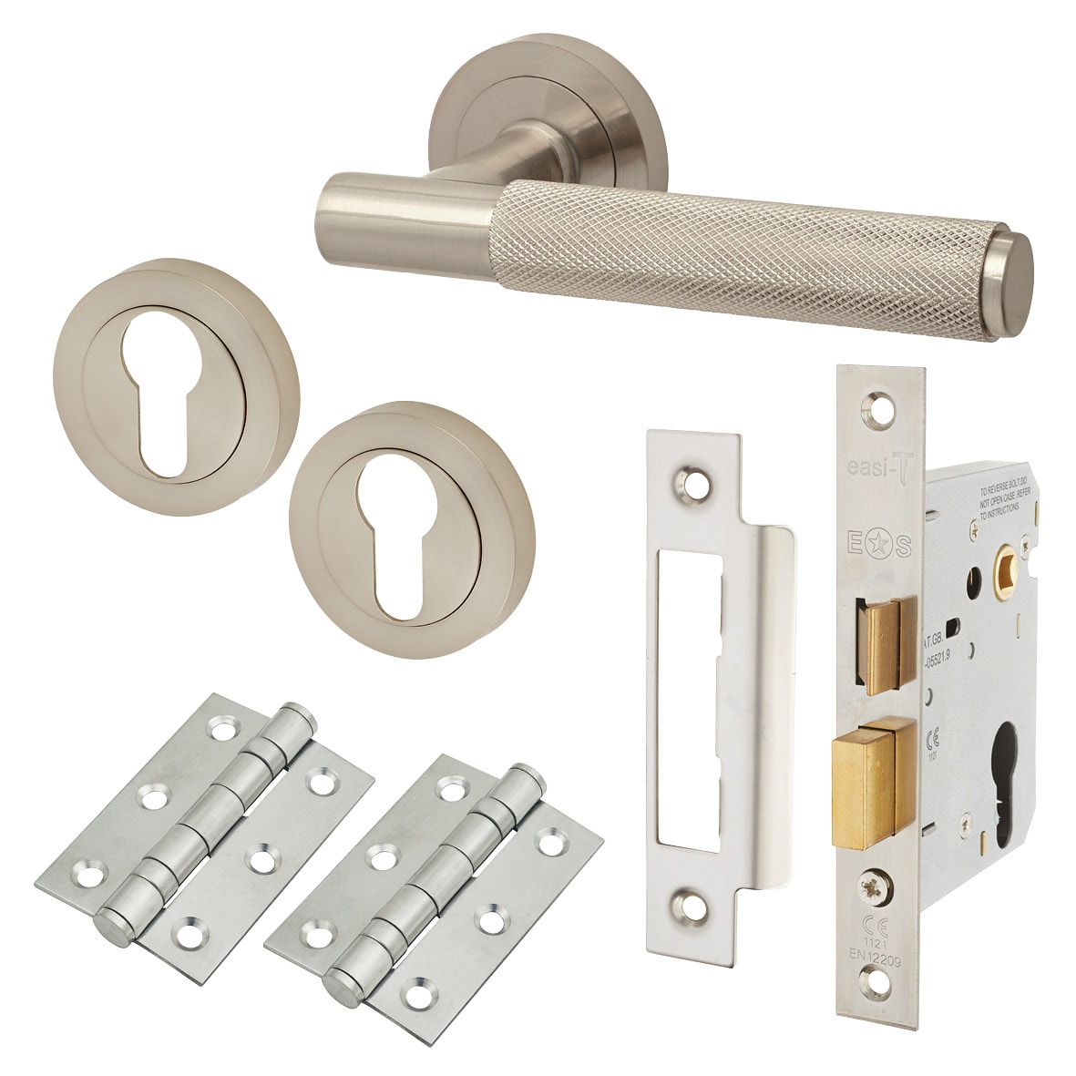 Satin Nickel Knurled Euro Lock Door Handles on Rose Pack - Remi Range
