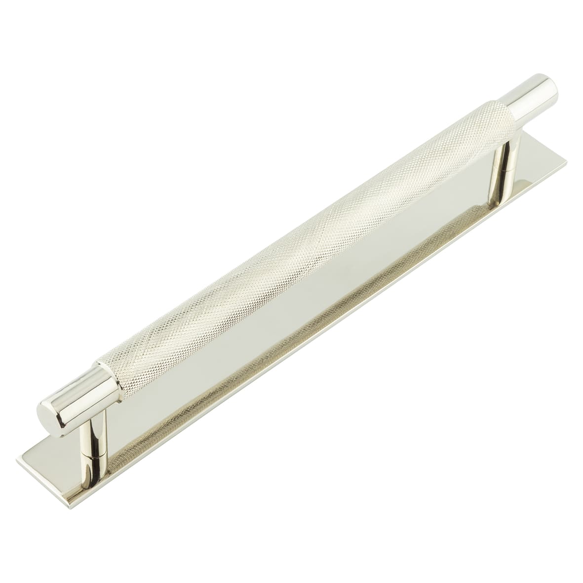 Taplow 18mm Knurled T-Bar Cabinet Pull Handle on Plain Backplate - 224mm c/c - Polished Nickel