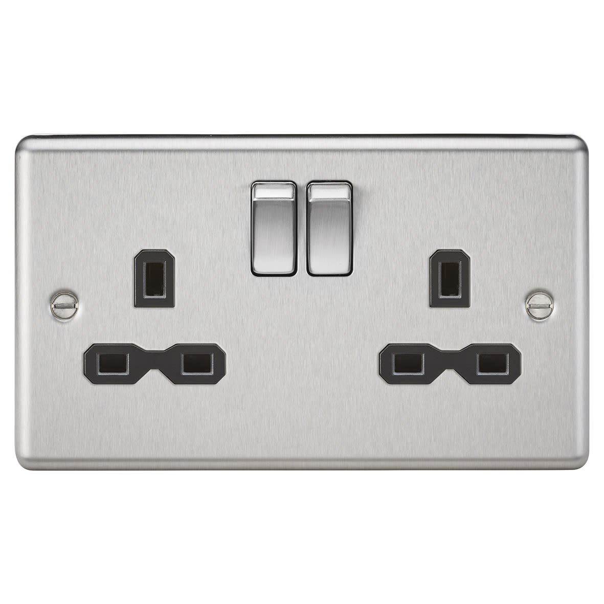 13A 2 Gang DP Switched Socket with Twin Earths - Brushed Chrome with Black Insert