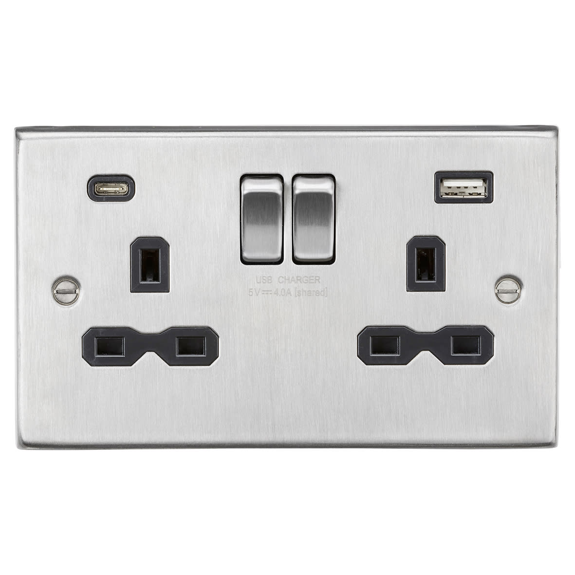 13A 2 Gang Square Edge Type A/C USB Socket with 2 x USB - 4A - Brushed Chrome/Black