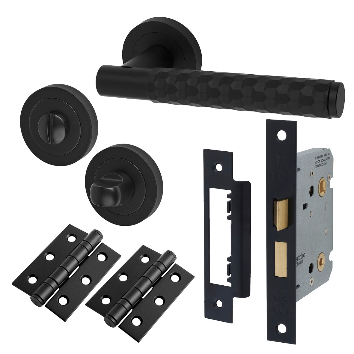 Matt Black Honeycomb Bathroom Lock Door Handles on Rose Pack - Cara Range