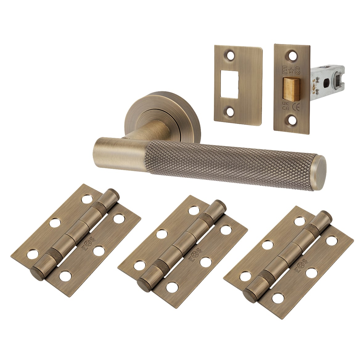 Brass Antique Brass Knurled Latch Door Handles on Rose Ultimate Pack - Lagos Range
