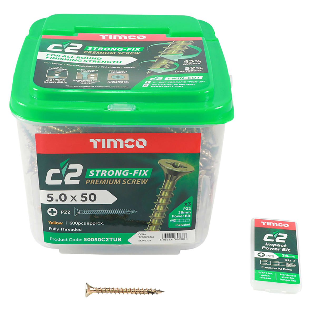 C2 Strong-Fix Pozi Double Countersunk Twin-Cut Wood Screws Tub - 5.0 x 50mm - Pack of 600