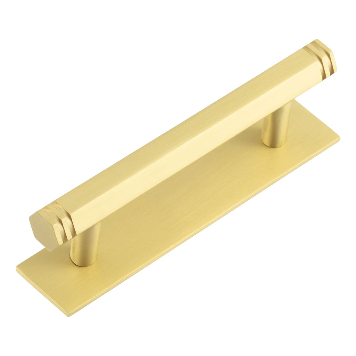 Nile 15mm Hex T-Bar Cabinet Pull Handle on Plain Backplate - 96mm c/c - Satin Brass