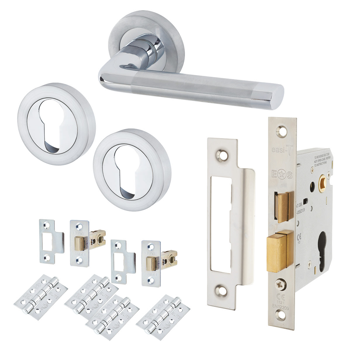 Polished/Satin Chrome Euro Lock Door Handles on Rose Pack - Belmonte Range