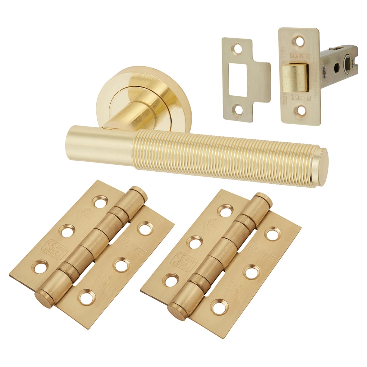 Satin Brass Reeded Latch Door Handles Pack - Lily Range