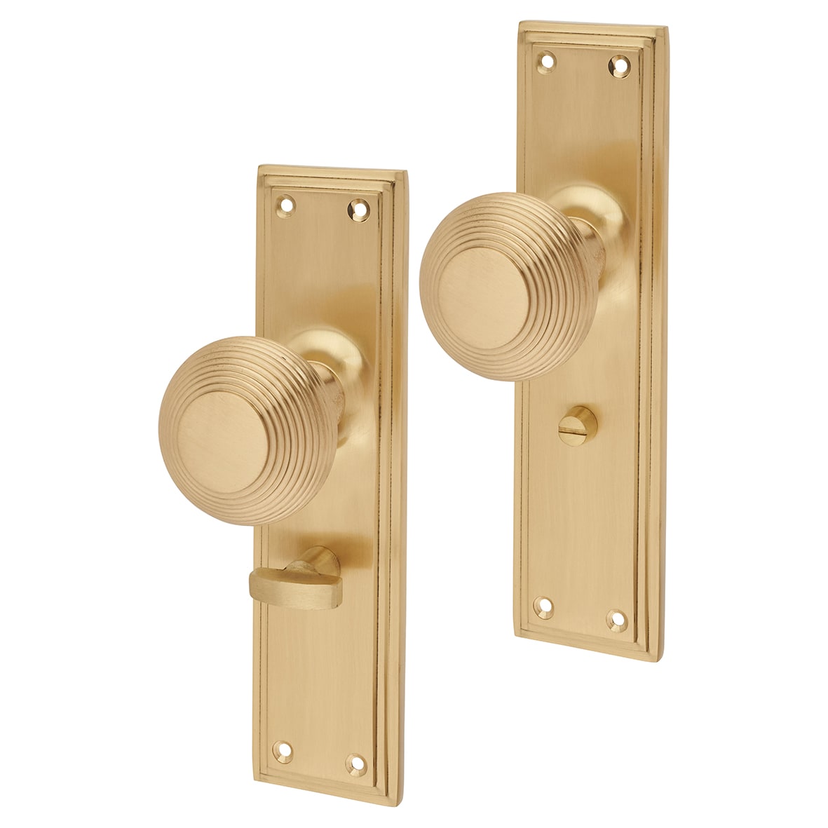 Satin Brass Reeded Bathroom Mortice Door Knob on Backplate - 205 x 52mm - Miller Range
