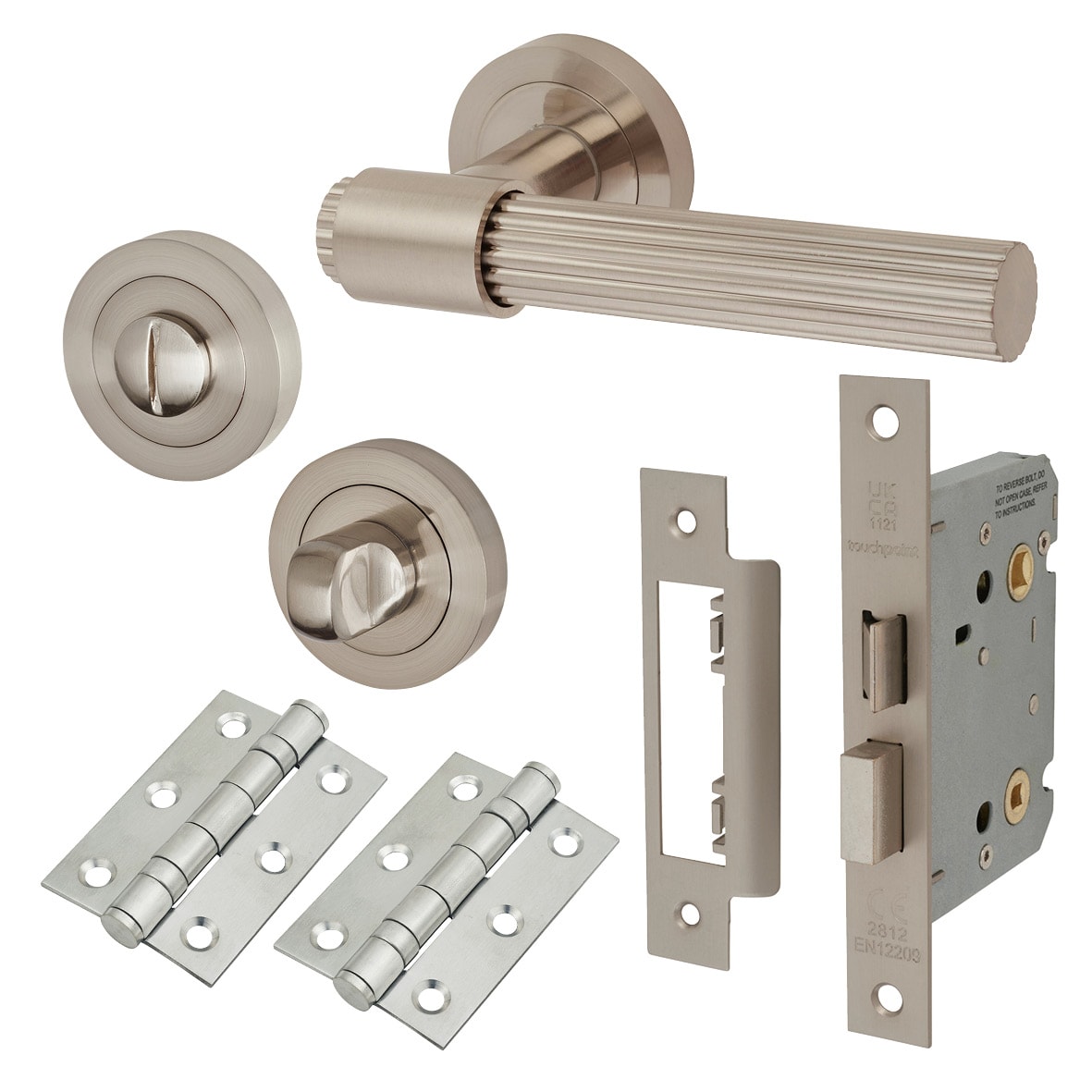 Satin Nickel Lines Bathroom Lock Door Handles on Rose Pack - Eva Range
