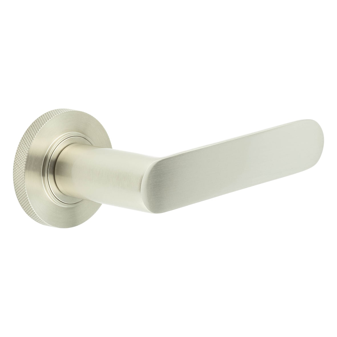 Satin Nickel Fire Rated Door Handles on Round Knurled Rose - Kensington Range