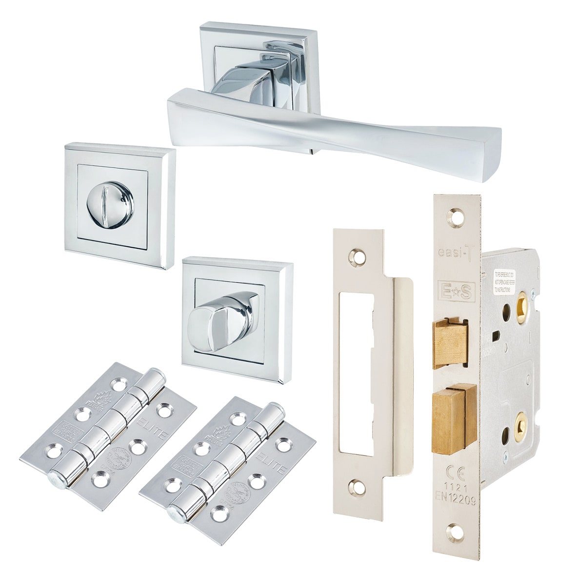 Polished Chrome Bathroom Lock Door Handles on Square Rose Pack - Spirit Range