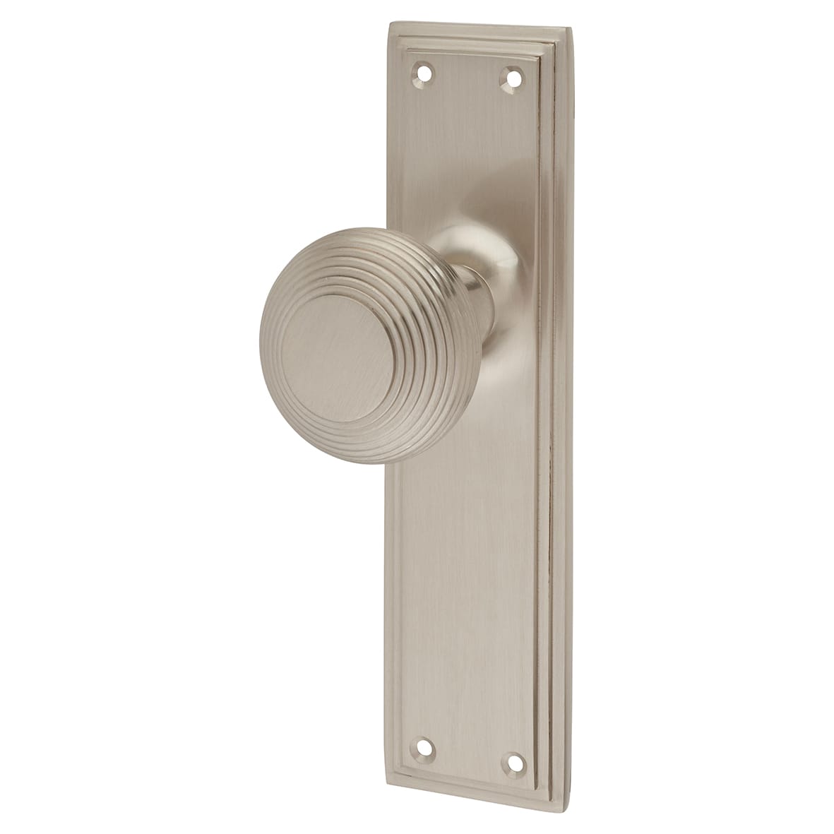 Satin Nickel Reeded Latch Mortice Door Knob on Backplate - 205 x 52mm - Miller Range