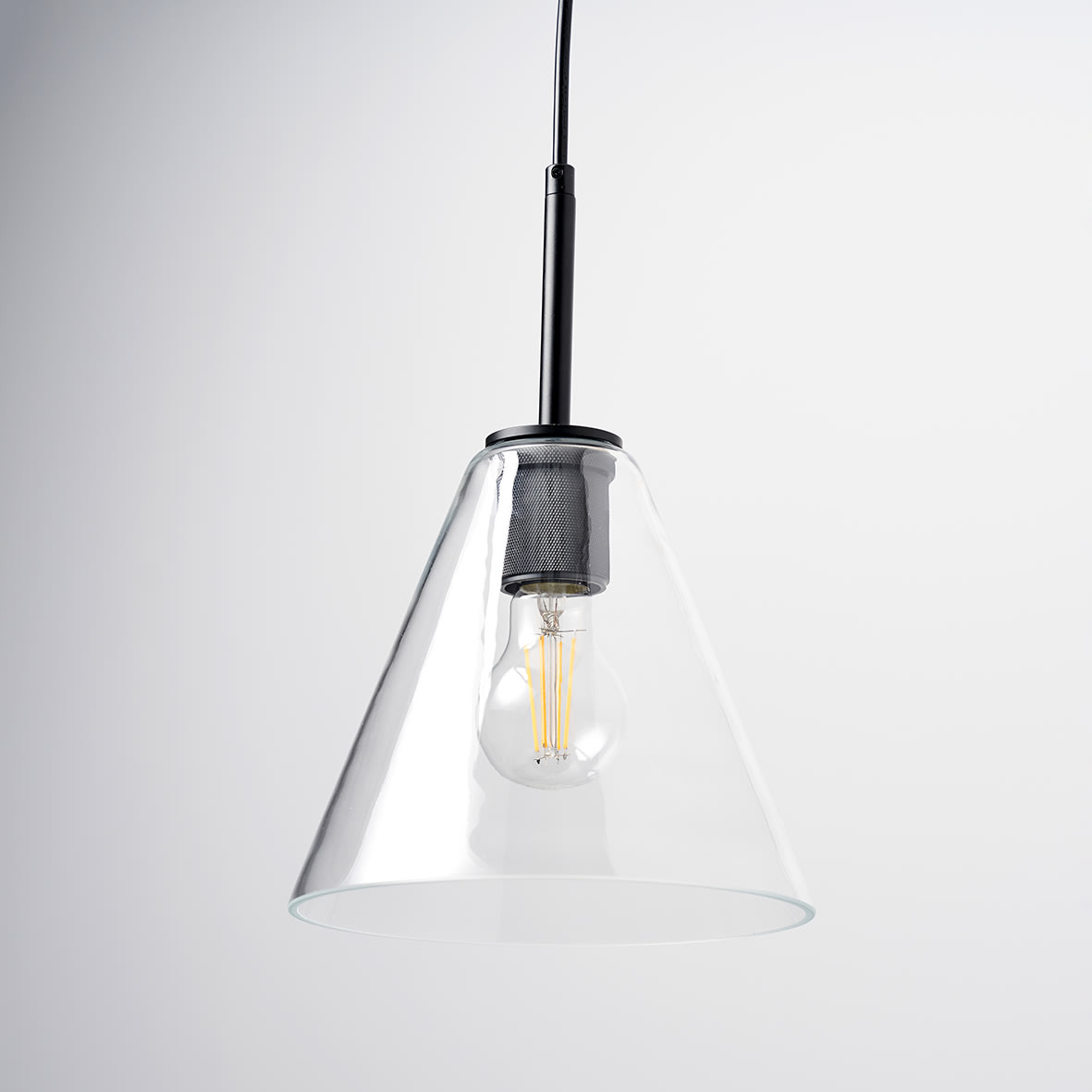 Noord Knurled Ceiling Light Pendant - Matt Black Fittings and Hooded Clear Glass Shade