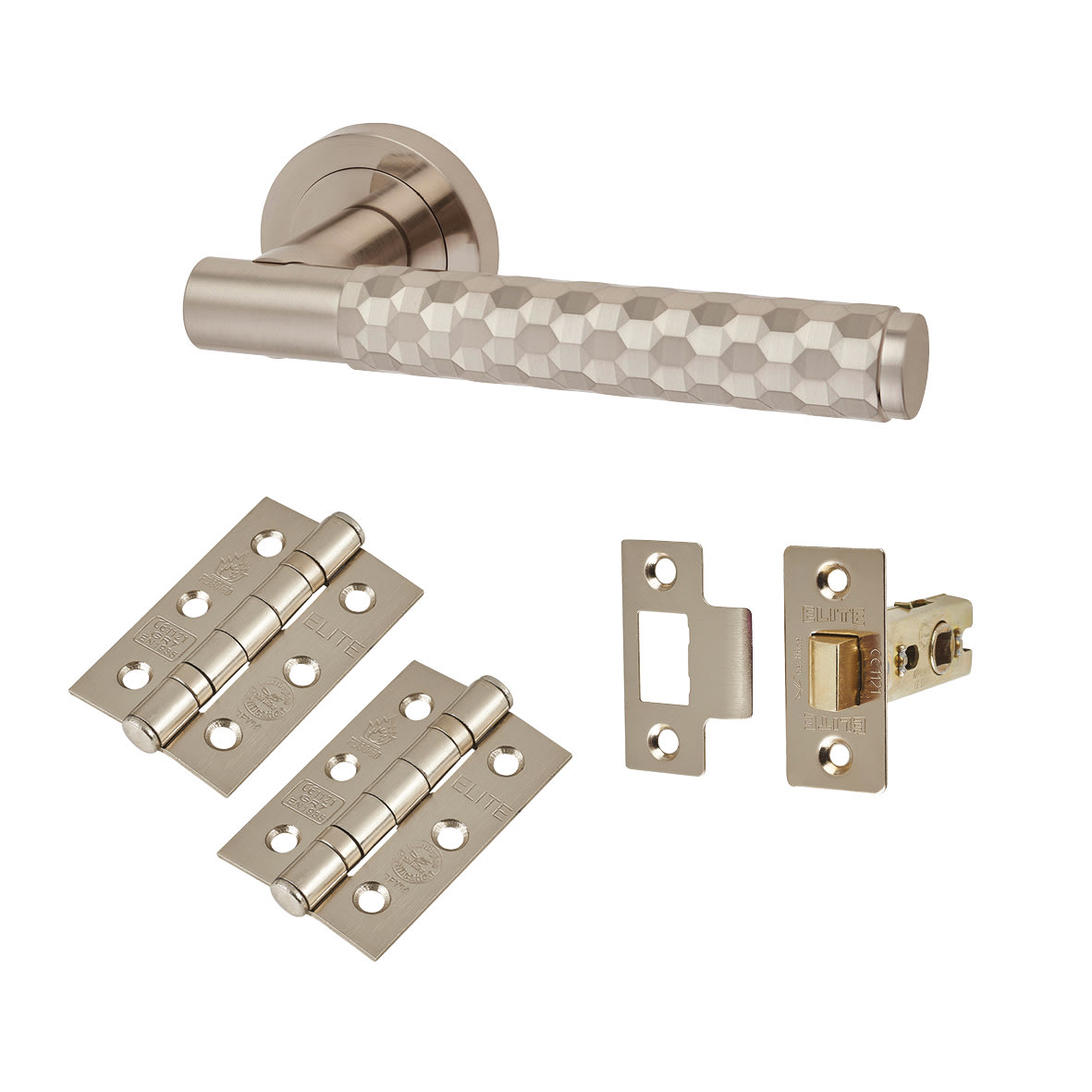 Satin Nickel Honeycomb Latch Door Handles on Rose Pack - Cara Range