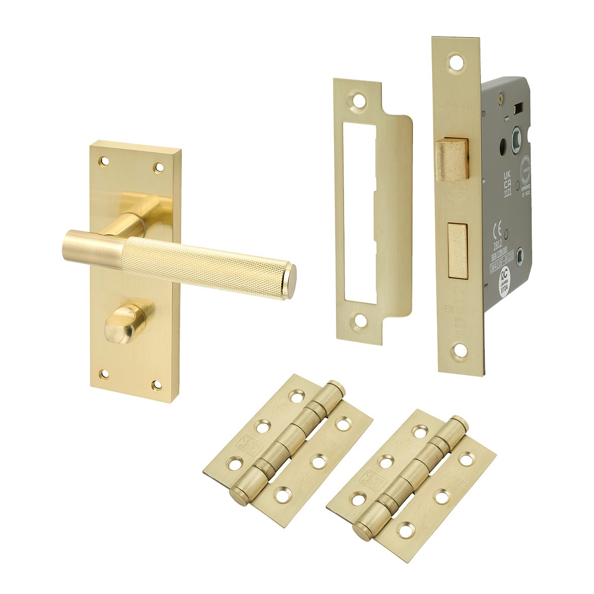 Satin Brass Knurled Bathroom Lock Door Handles Pack - Remi Range