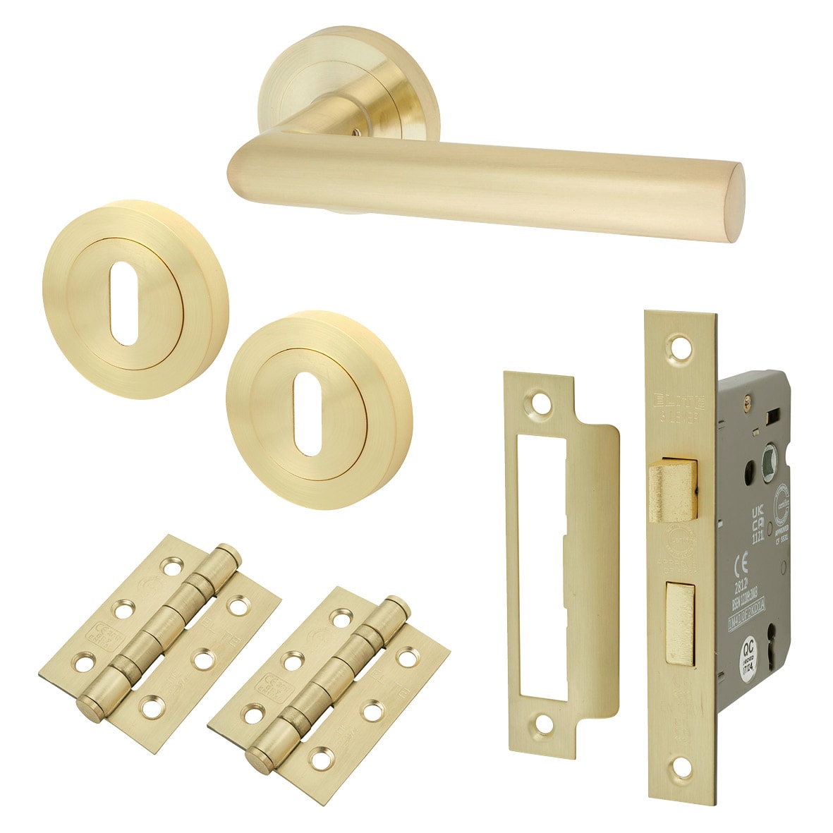 Satin Brass 3 Lever Sashlock Door Handles on Rose Pack - Emily Range
