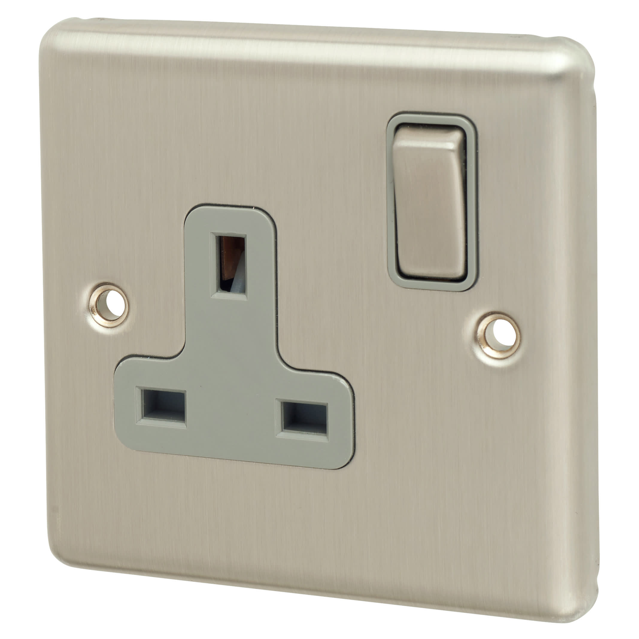 Enhance Decorative 13A 1 Gang Double Pole Switched Socket - Satin Steel with Grey Inserts