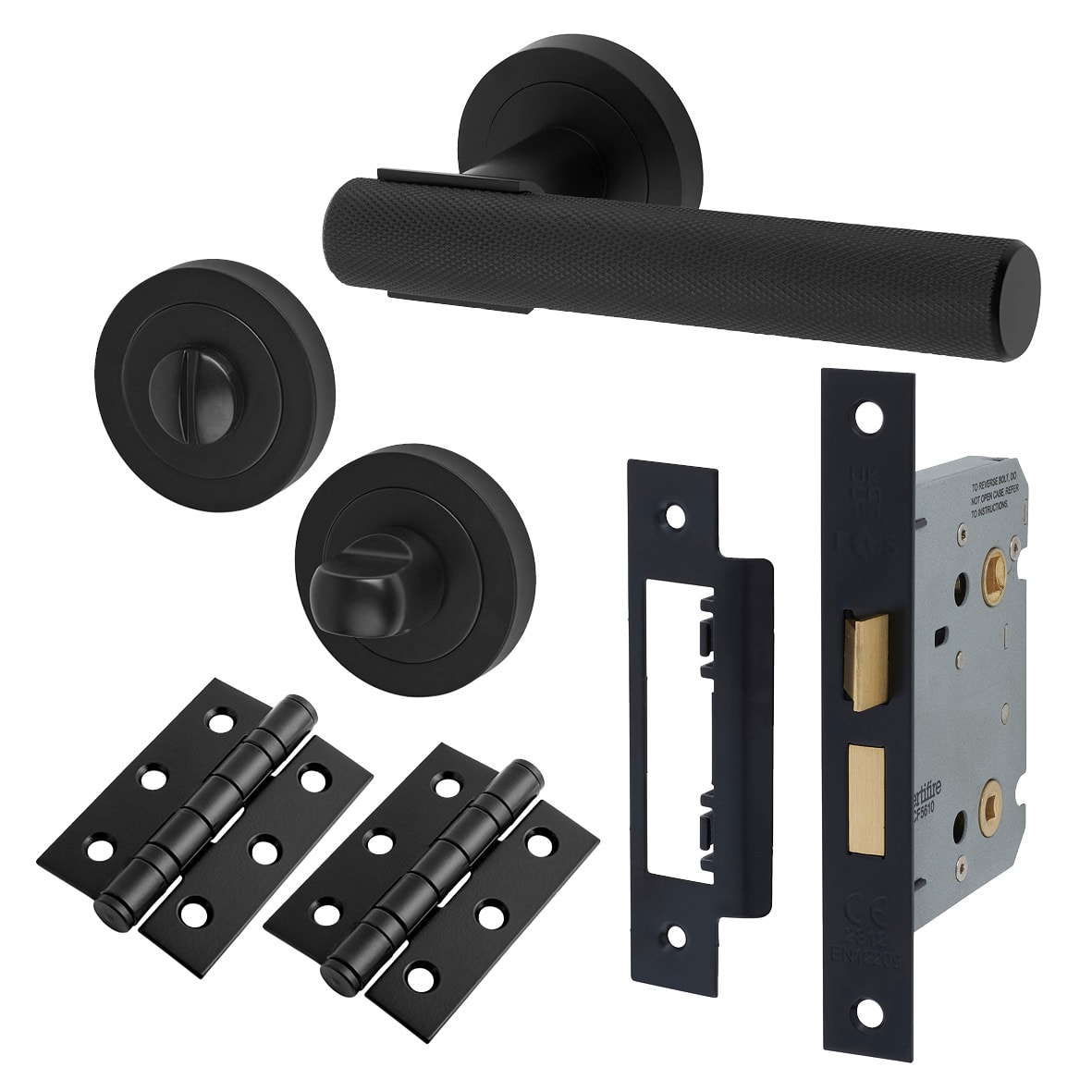 Matt Black Knurled Bathroom Lock Door Handle on Rose Pack - Orla Range