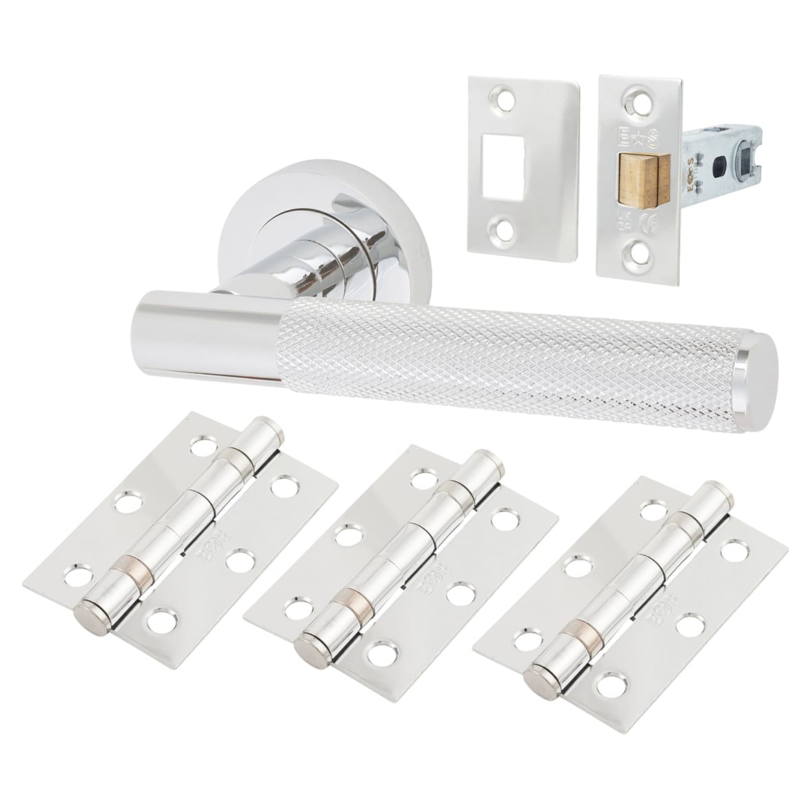 Brass Polished Chrome Knurled Latch Door Handles on Rose Ultimate Pack - Lagos Range