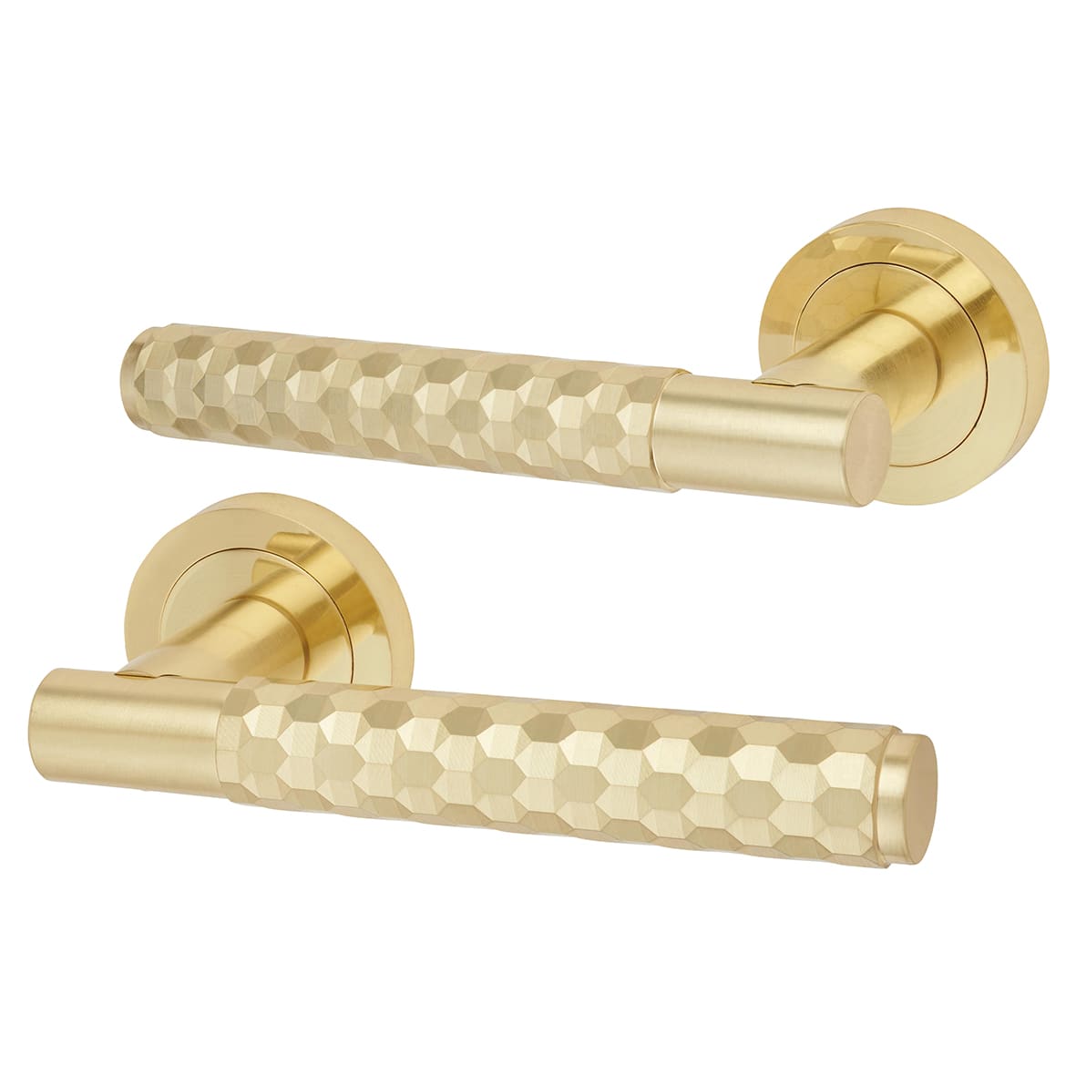 Satin Brass Honeycomb Door Handles on Round Rose - Cara Range
