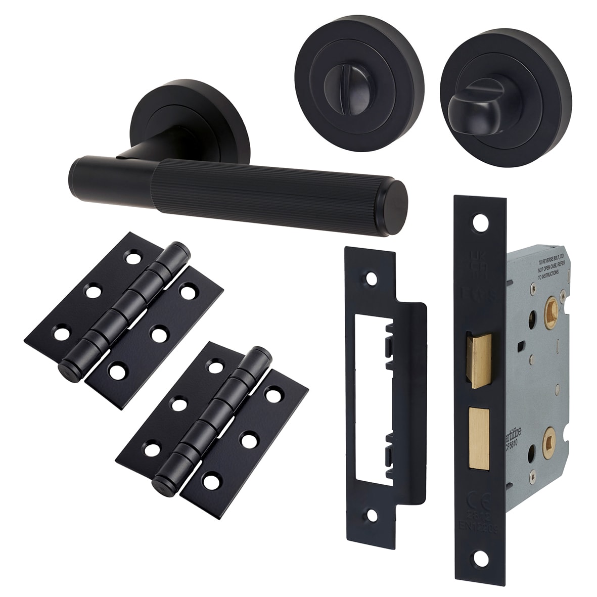 Matt Black Lines Bathroom Lock Door Handles Pack - Nova Range
