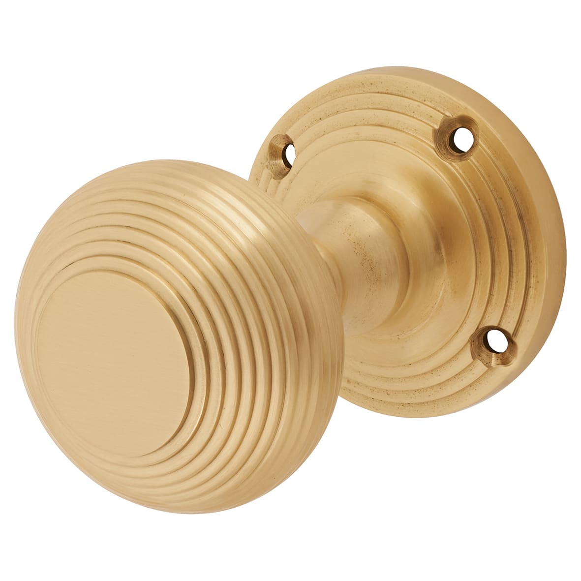 Satin Brass Beehive Mortice Door Knob - 60mm Rose Diameter