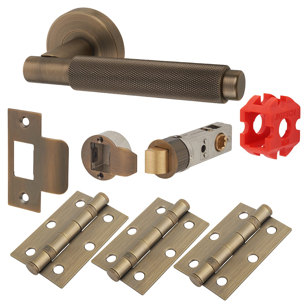 Matt Antique Brass Latch Door Handles on Rose Pack - Passage - Textura Range