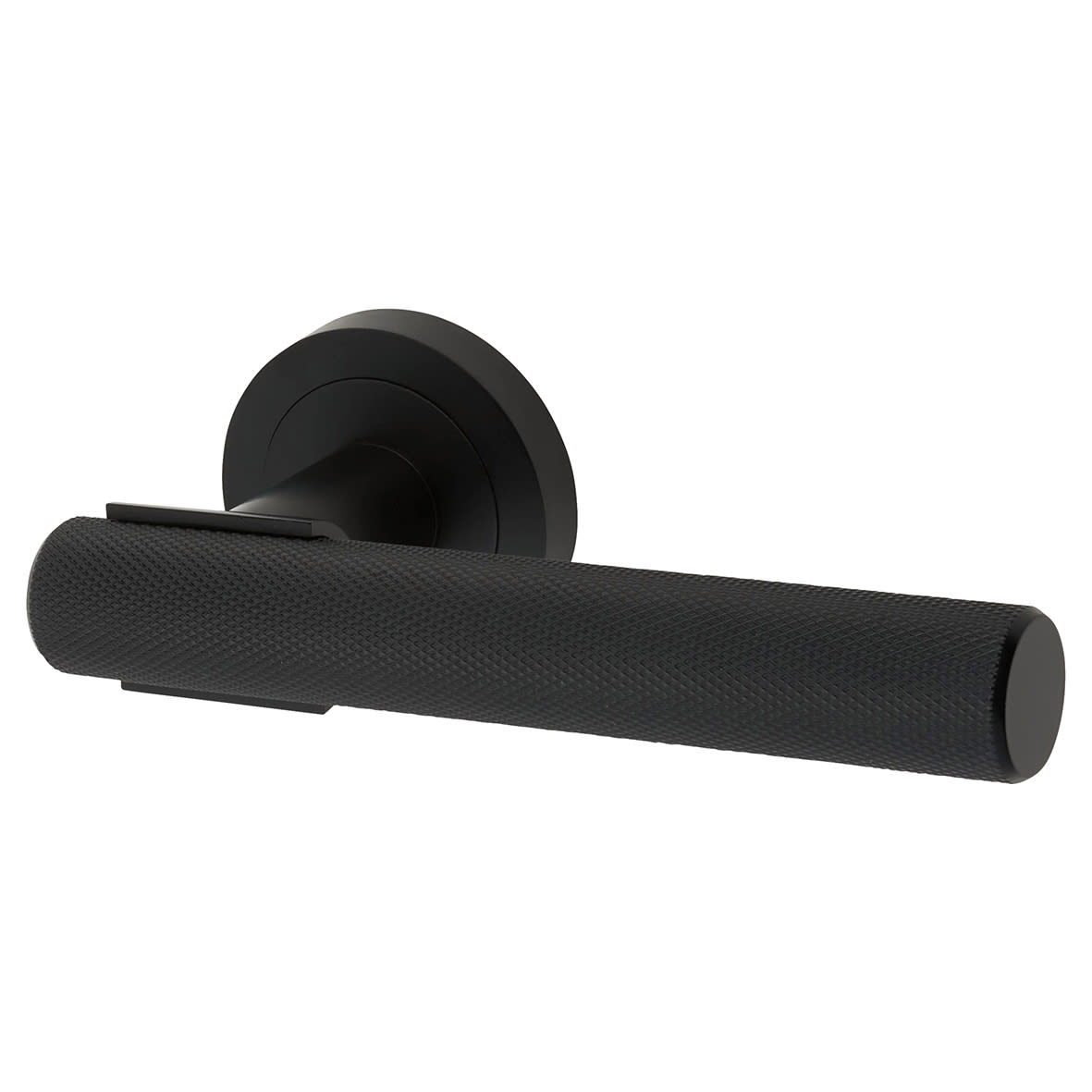 Matt Black Knurled Door Handles on Round Rose - Orla Range
