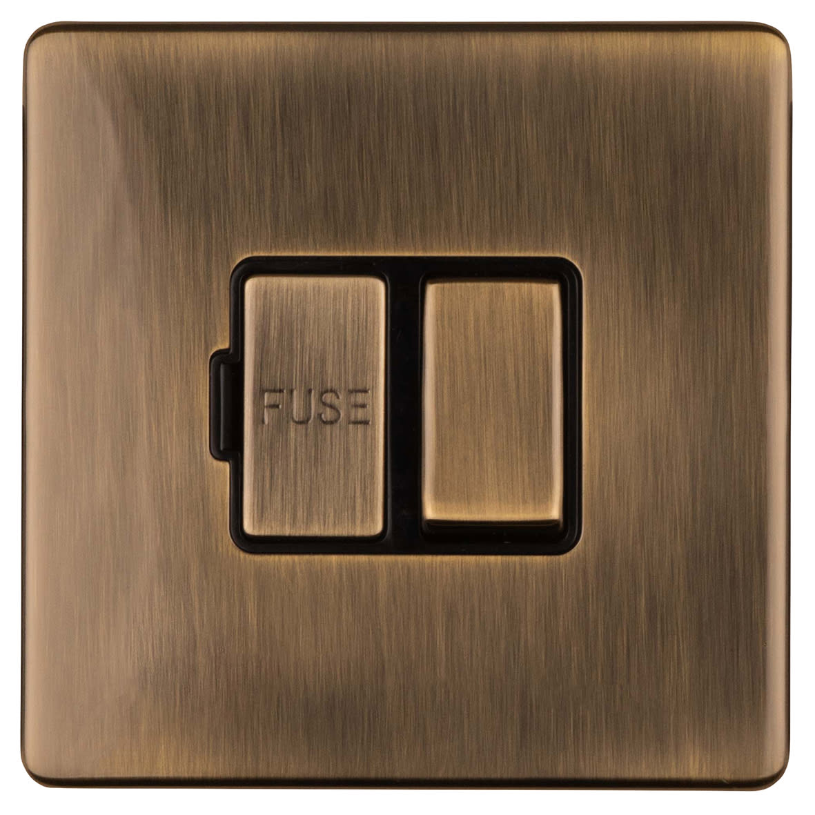 Concealed 13A 1 Gang DP Screwless Flat Plate Switched Fused Spur - Antique Brass/Black